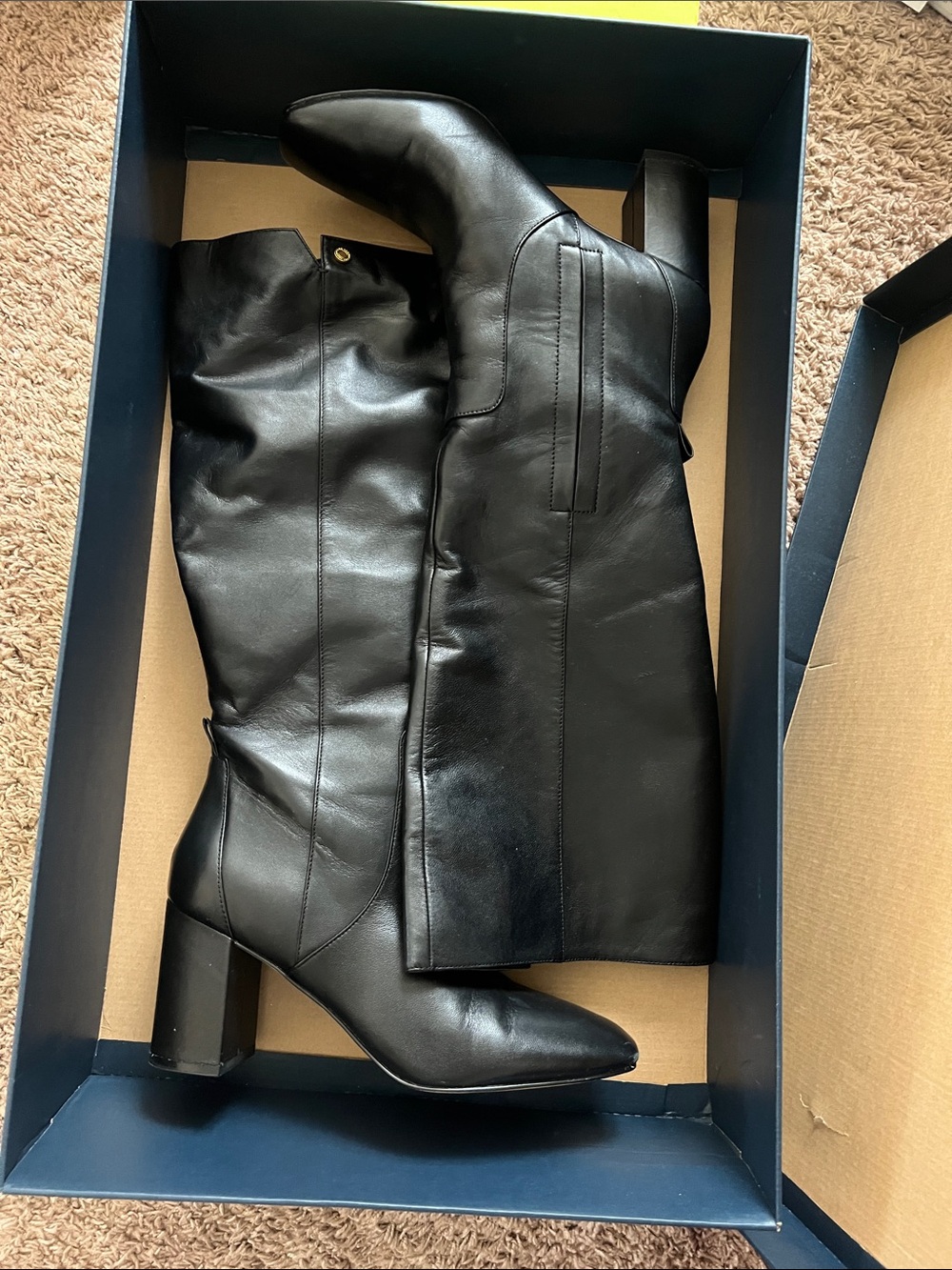 Cole Haan Black Leather Knee-High Block Heel Boots